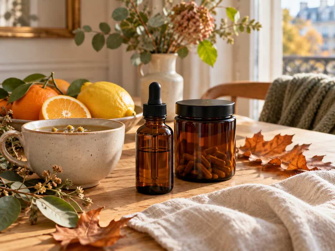 Deux flacons ambrés sans étiquette, une infusion et des agrumes sur une table décorée de feuilles d’automne.