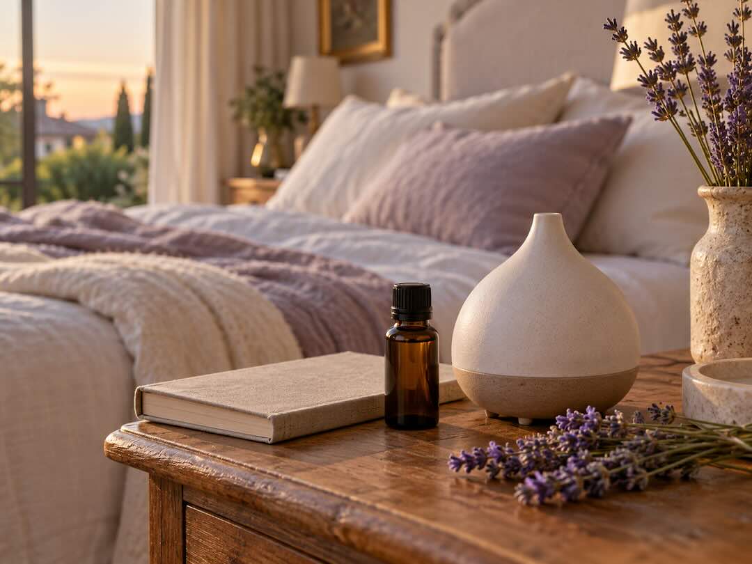Diffuseur en céramique, flacon ambré, livre et brins de lavande sur une table de chevet.